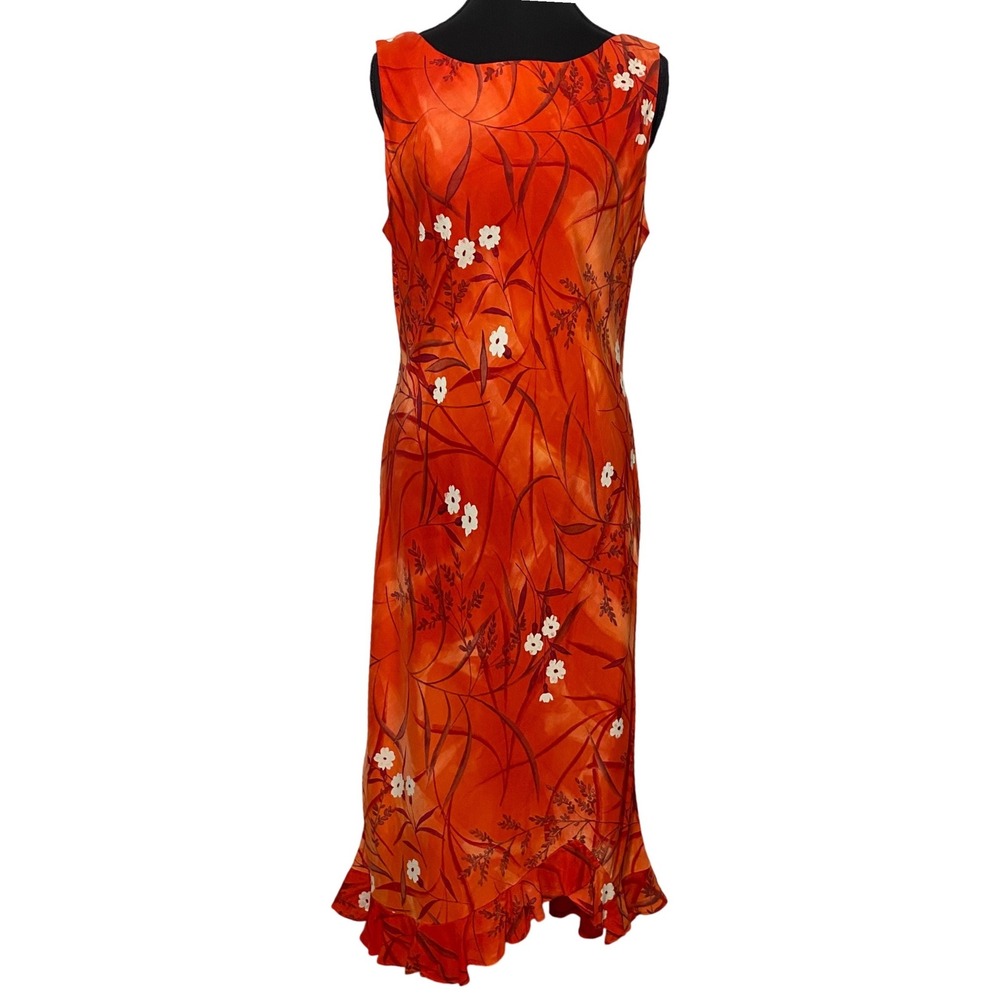 DONNA RICCO 90s Vtg Floral Ruffle Midi Dress Size 10 Red-Orange Y2K Tropical USA